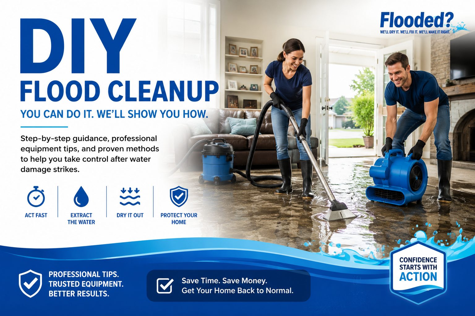 DIY water damage flood cleanup — a couple using a wet/dry vacuum and air mover to extract water and dry a flooded living room floor themselves