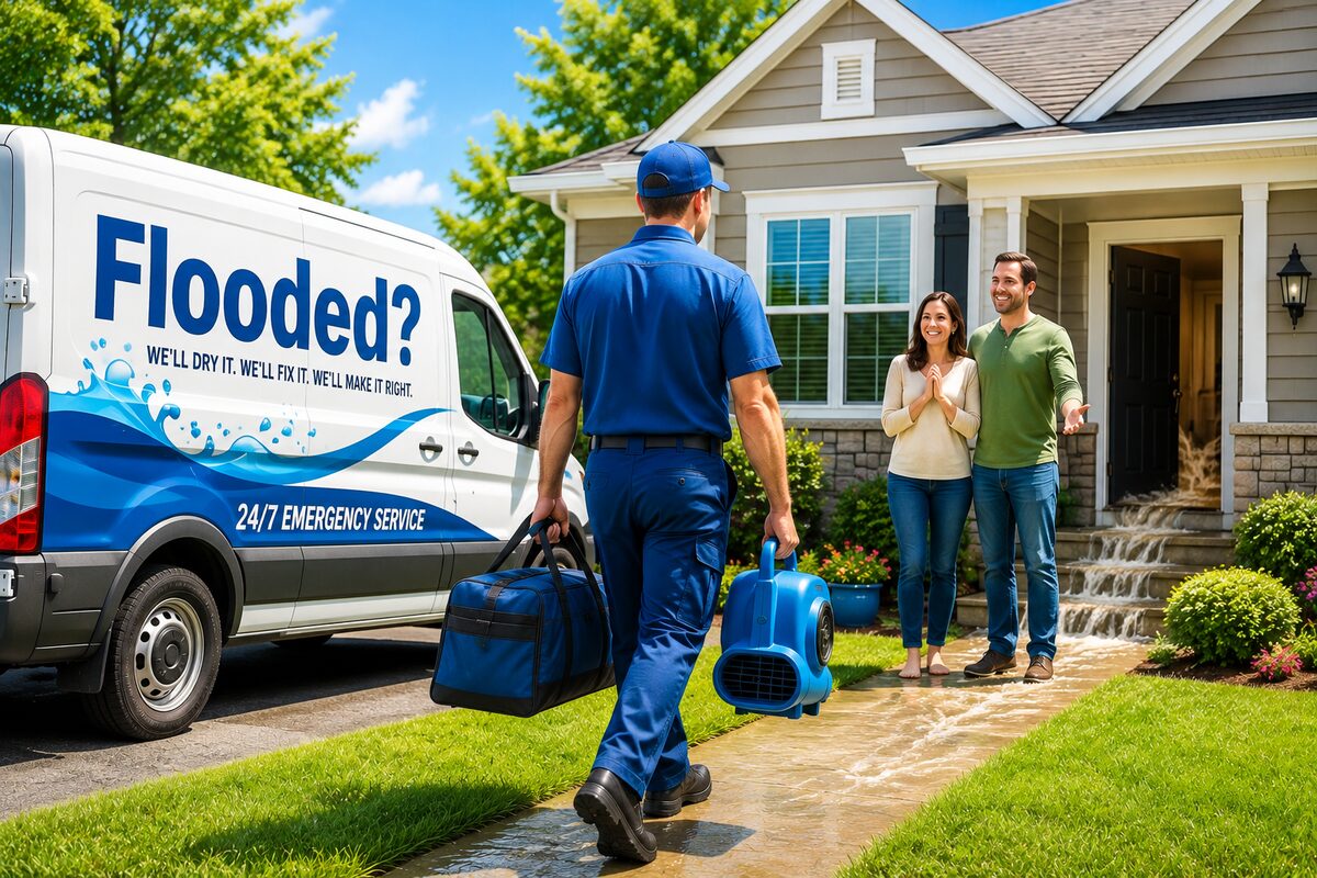 Flooded? We'll dry it, we'll fix it, we'll make it right — 24/7 emergency water damage restoration crew arriving at a home
