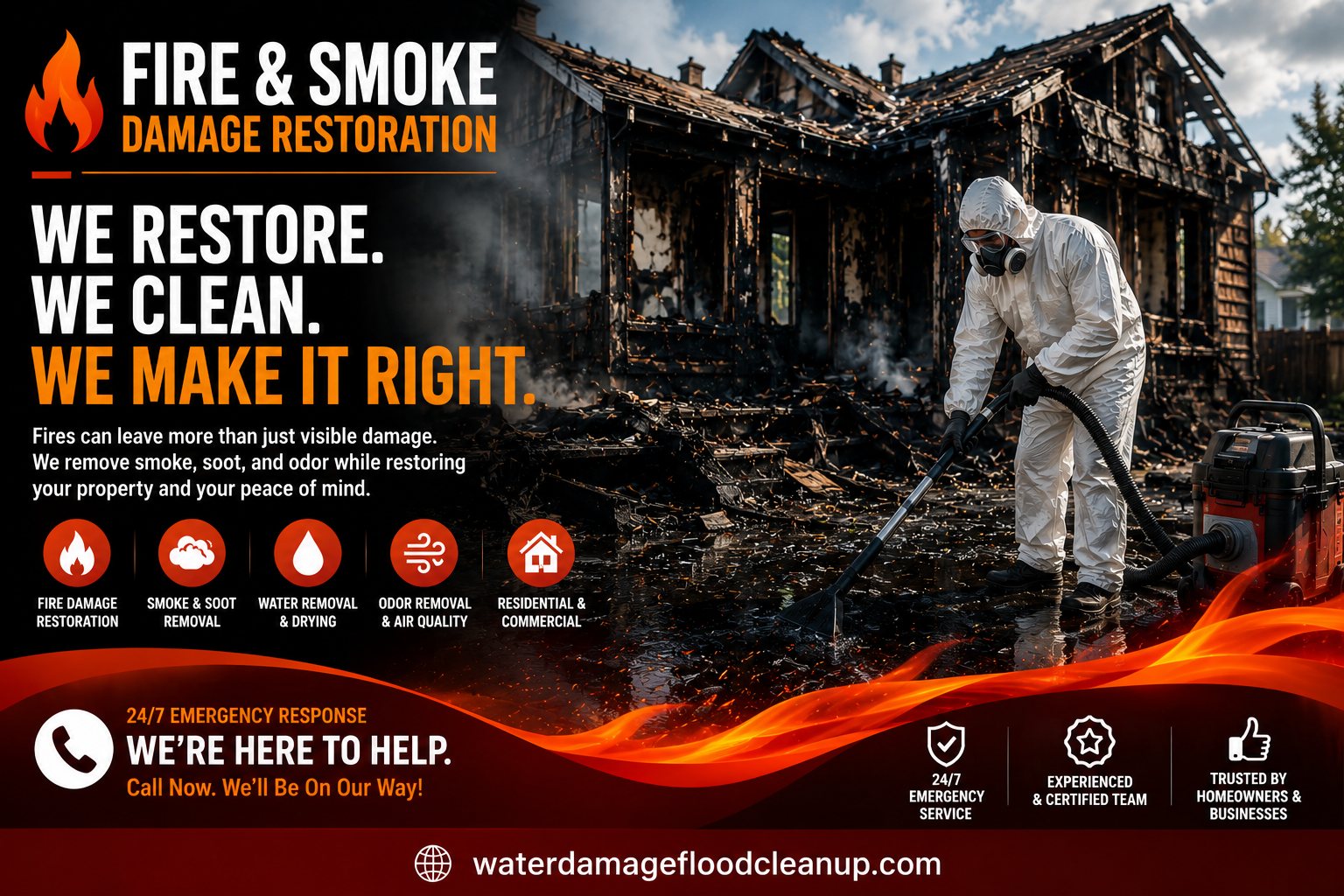 Water Damage Flood Cleanup — 24/7 emergency water, flood, fire and mold restoration crew arriving at a home