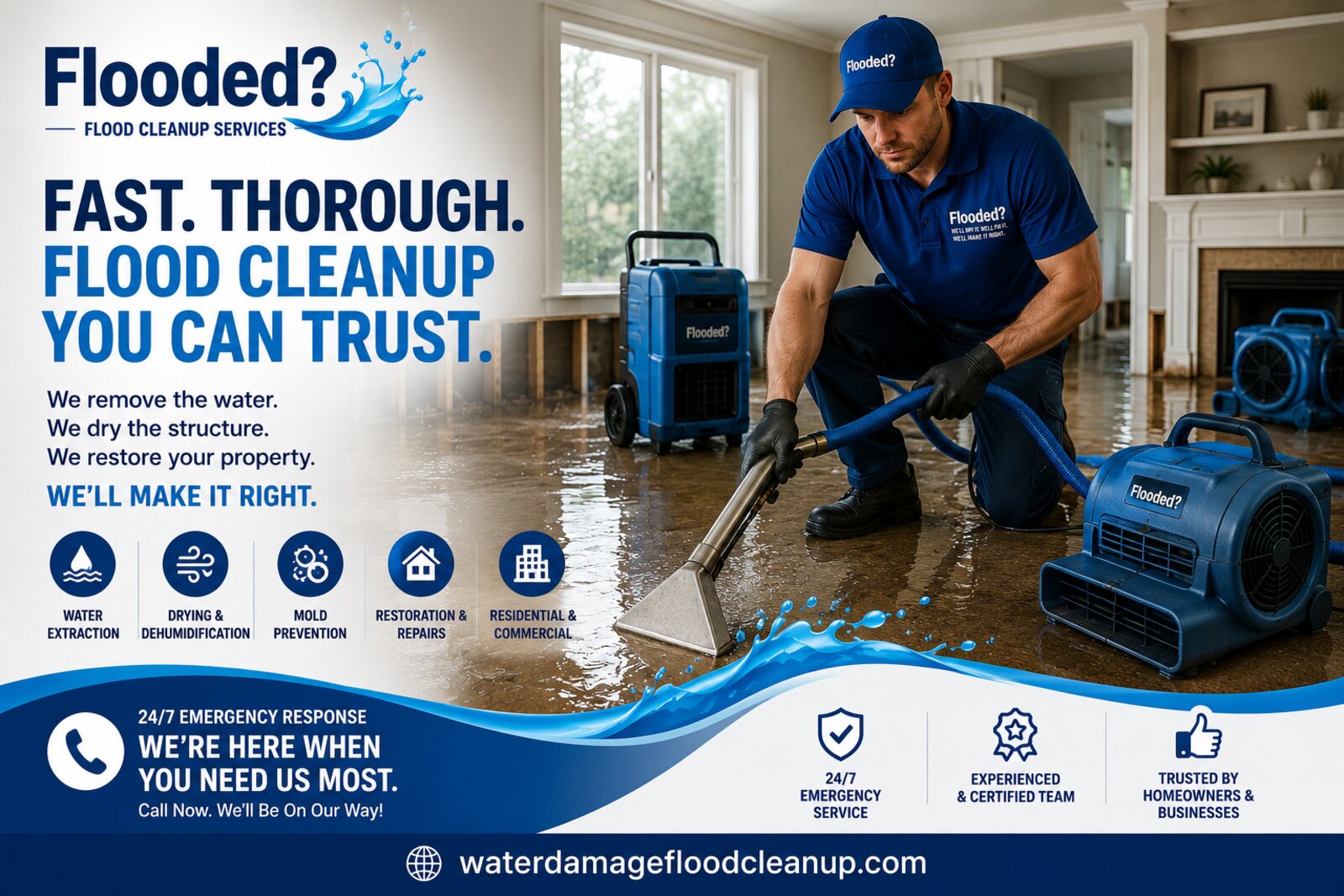 Water Damage Flood Cleanup — 24/7 emergency water, flood, fire and mold restoration crew arriving at a home