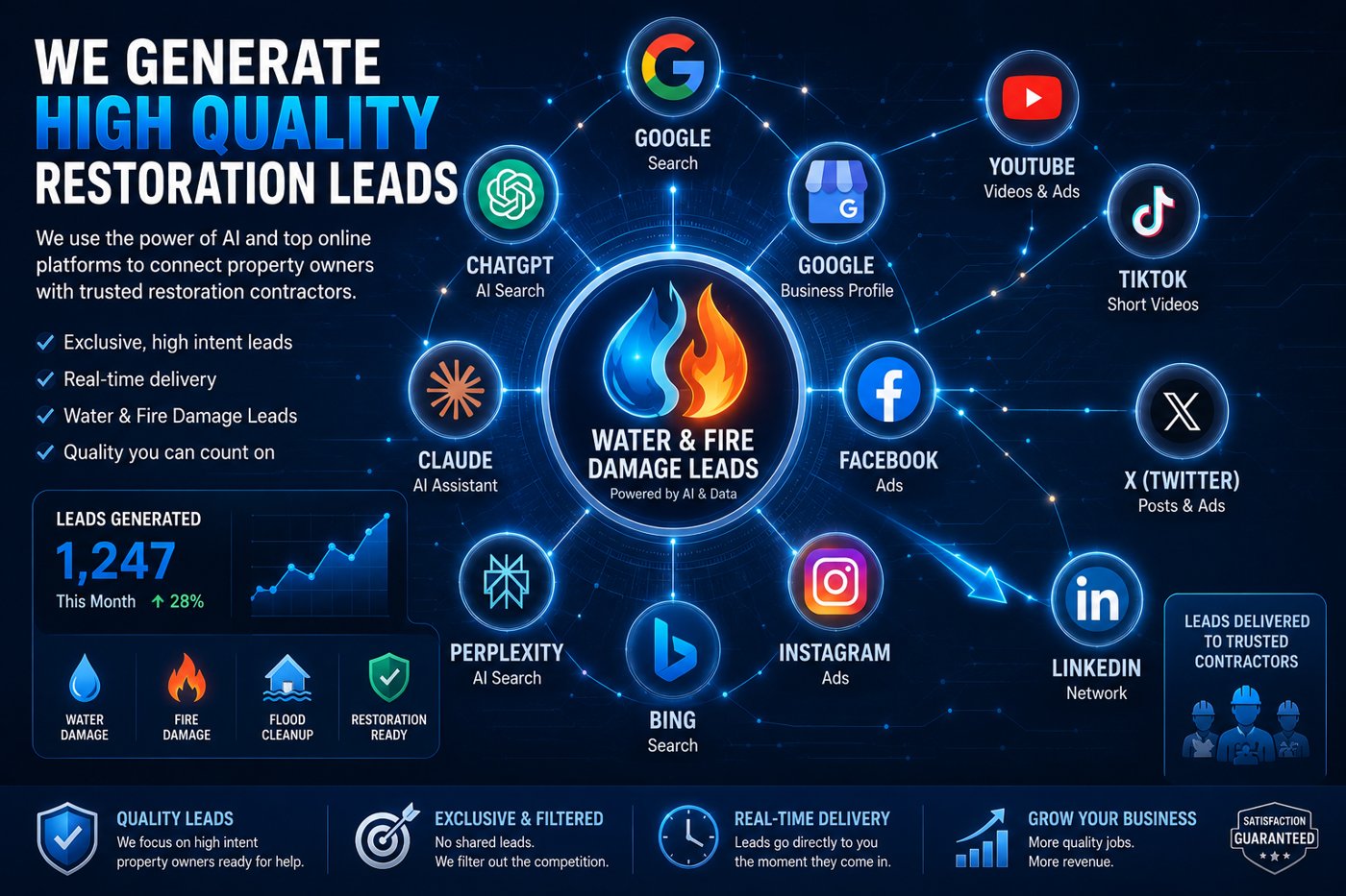 AI lead generation for water and fire damage restoration leads across Google, ChatGPT, Bing, Facebook, and more