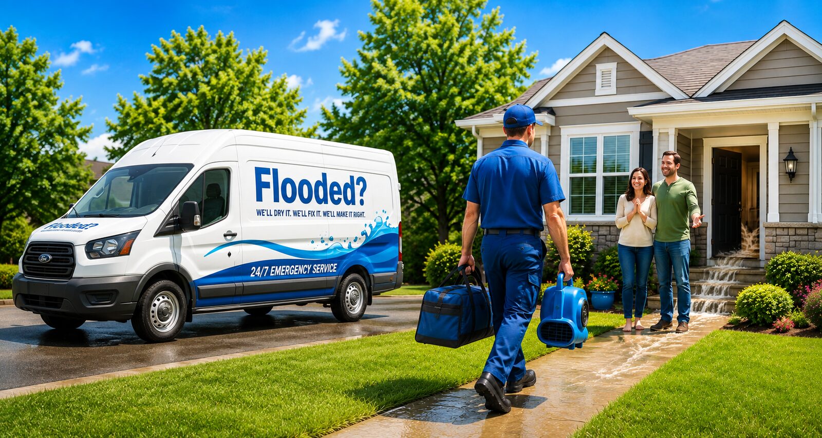 Water Damage Flood Cleanup — 24/7 emergency water, flood, fire and mold restoration crew arriving at a home