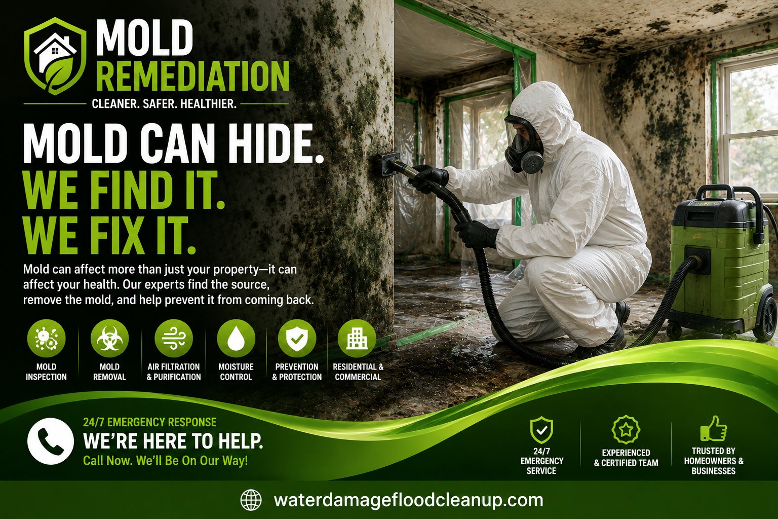 Water Damage Flood Cleanup — 24/7 emergency water, flood, fire and mold restoration crew arriving at a home
