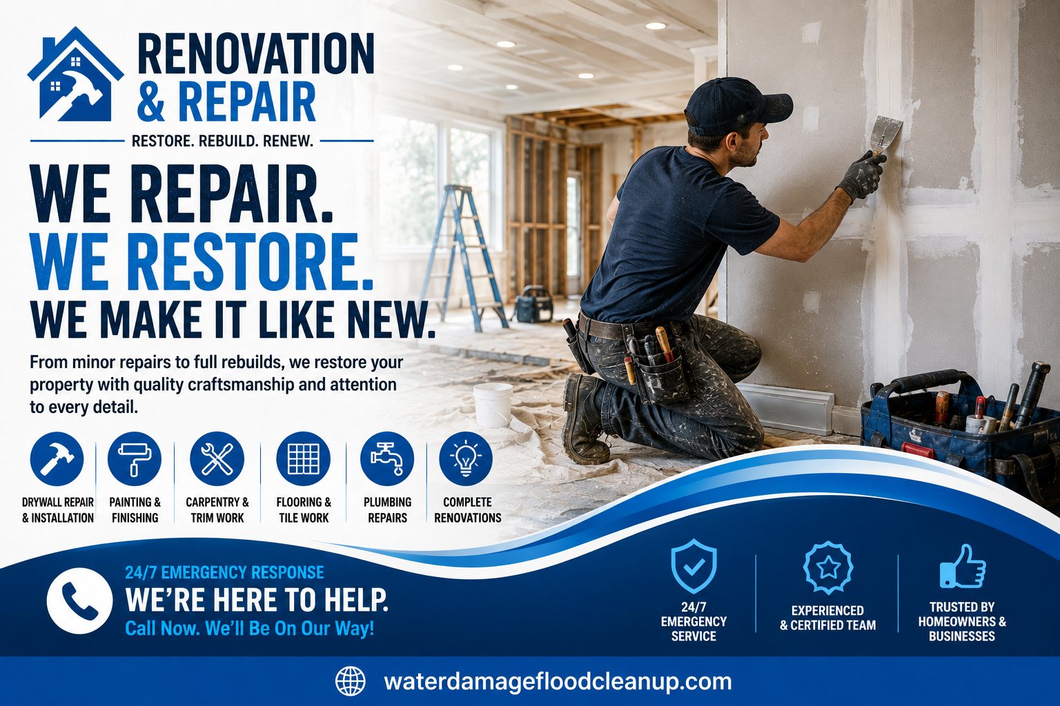 Water Damage Flood Cleanup — 24/7 emergency water, flood, fire and mold restoration crew arriving at a home