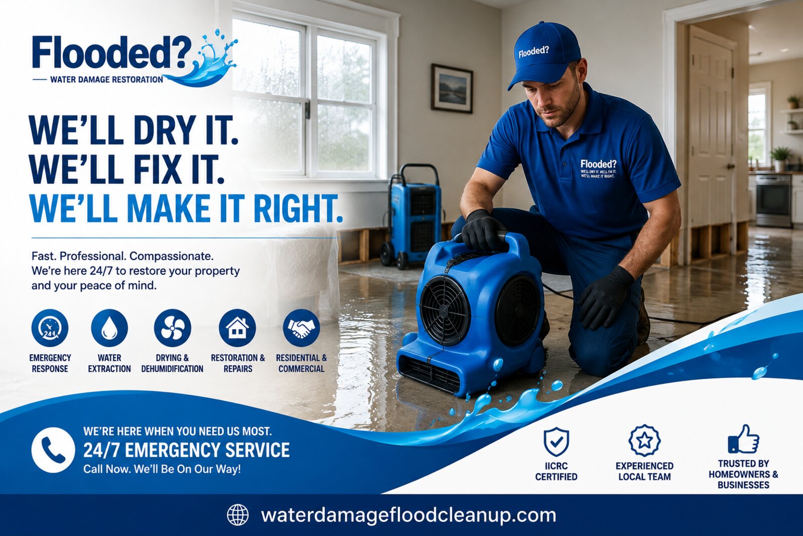 Water Damage Flood Cleanup — 24/7 emergency water, flood, fire and mold restoration crew arriving at a home